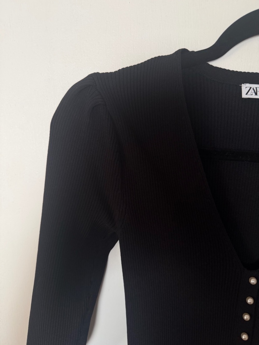 Zara Black Long Sleeve V-Neck Button-Front Knit Dress Very Stretchy - Picture 3 of 5